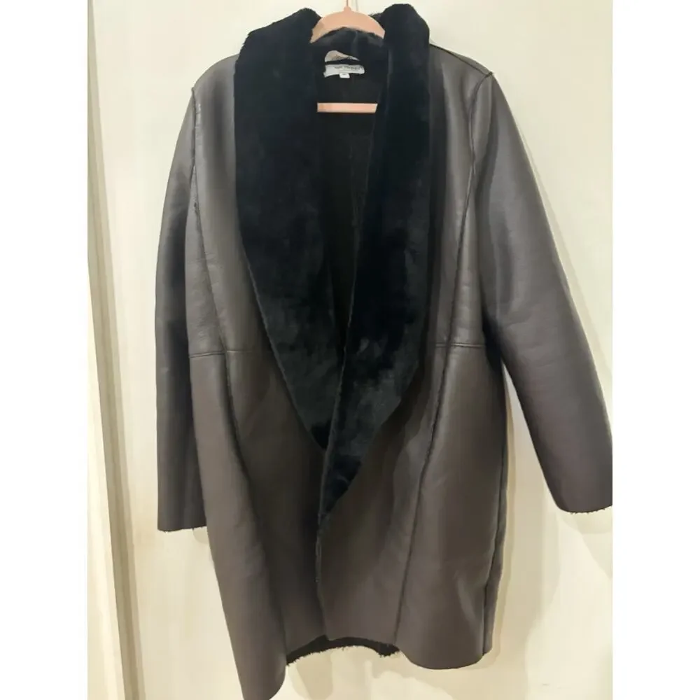 Victor Alfaro Womens Brown Leather Long Sleeve Open Front Overcoat Size XL Vegan - Picture 2 of 4
